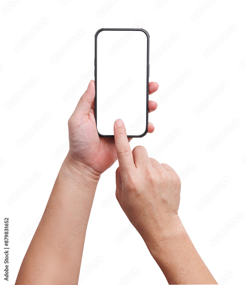 Poster hand holding smartphone and touch at the screen for scrolling the application. phone is white screen
