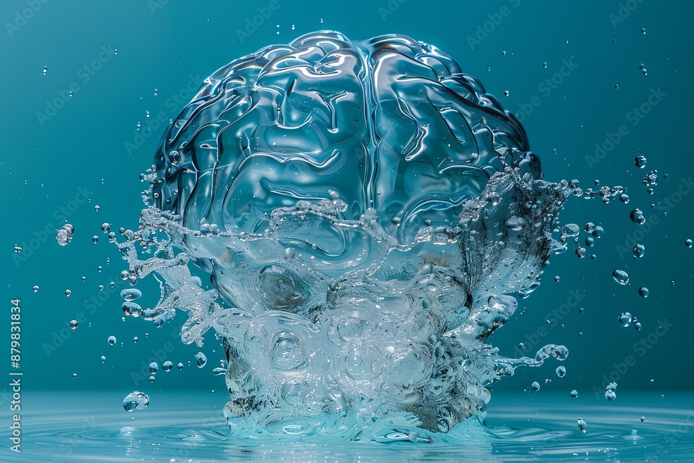 Poster a brain is floating in a pool of water, with the water splashing around it. concept of curiosity and