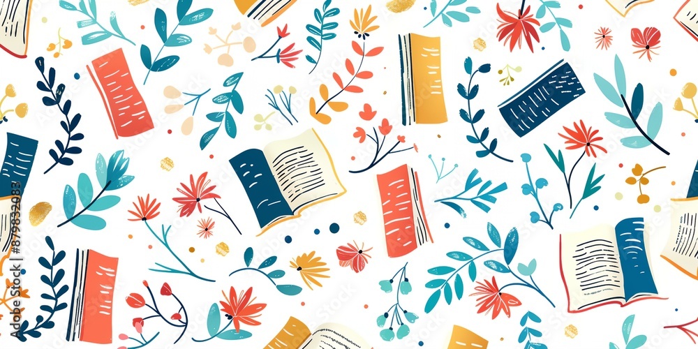 Poster a colorful pattern of flowers and books. the flowers are in various sizes and colors, and the books 