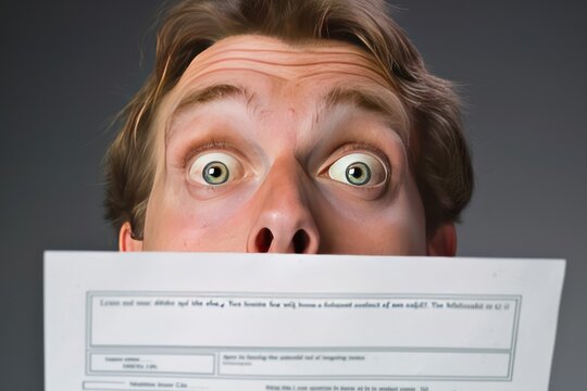 Man Peeking over Paper with Wide Eyes.