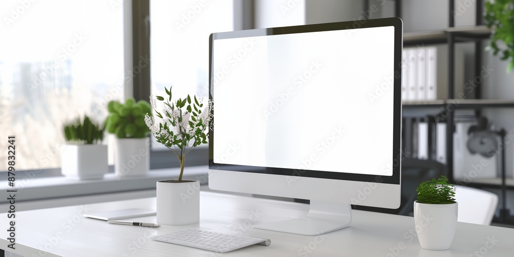 Poster a computer monitor sits on a desk with a potted plant in front of it. the plant is a small tree with