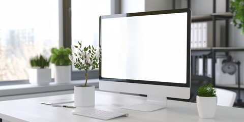 A computer monitor sits on a desk with a potted plant in front of it. The plant is a small tree with white flowers, and it is placed in a white pot. The desk is also equipped with a keyboard