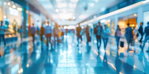 A bustling mall interior with blurred figures of shoppers walking through the corridor