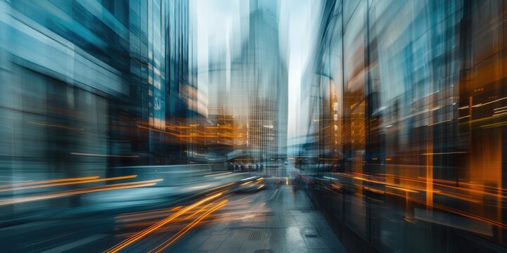 A bustling city street is captured in a motion blur, showcasing the energy and movement of urban life