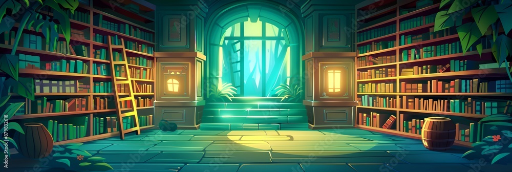Poster a library with a green and yellow color scheme. the library is filled with bookshelves and a ladder