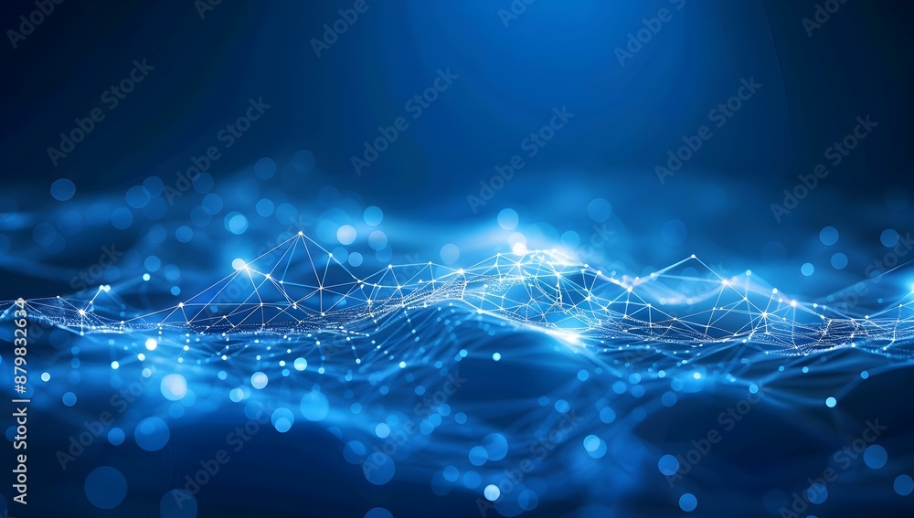 Poster abstract dark blue background with glowing digital connections and city lights, data transfer concep