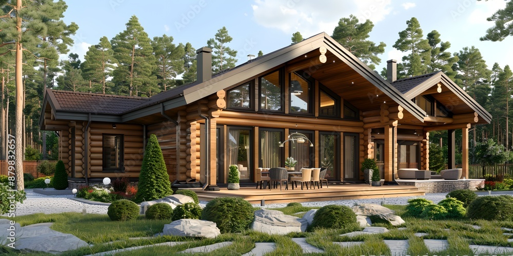 Poster a large log cabin with a large porch and a large backyard. the house is surrounded by trees and has 