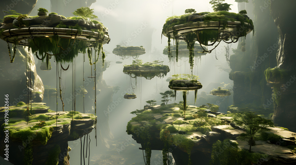 Poster a mystical lost world filled with floating islands and lush greenery. sunlight peeks through the can