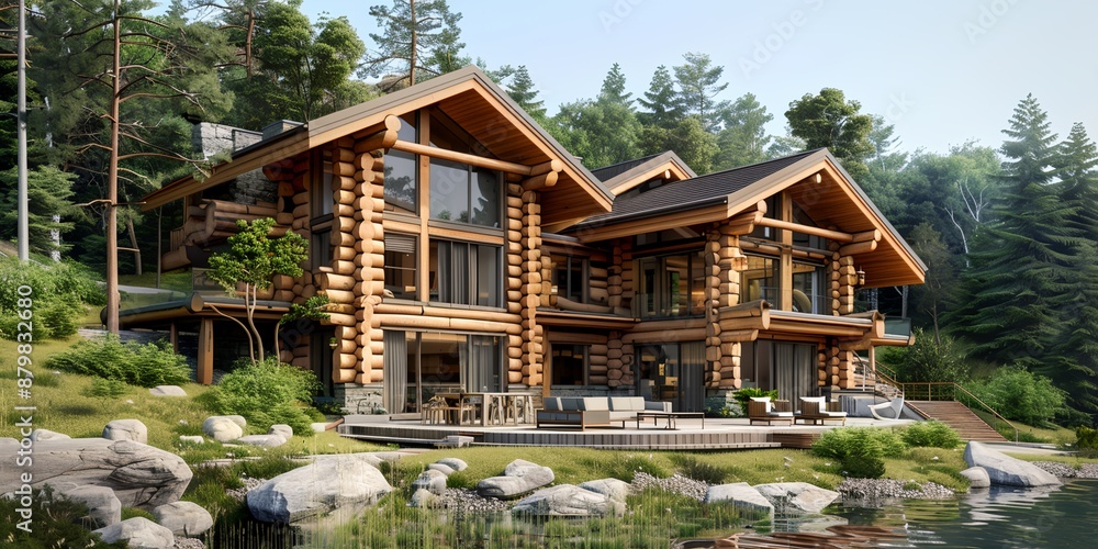 Poster a large log cabin with a large deck and a pool. the house is surrounded by trees and has a peaceful,