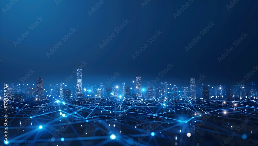 Poster abstract dark blue background with glowing digital connections and city lights, data transfer concep