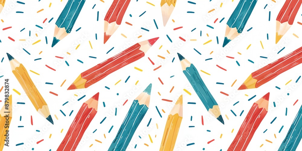 Aufkleber a colorful drawing of pencils with different colors and sizes. the pencils are scattered all over th