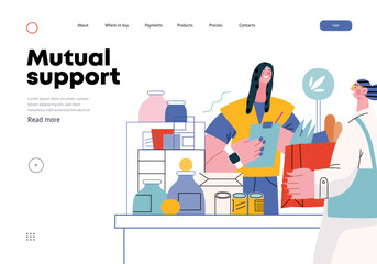 Mutual Support: Bringing groceries to food bank -modern flat vector concept illustration of people donating food to food pantry A metaphor of voluntary, collaborative exchanges of resource, services