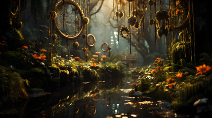 A mystical forest with a tranquil stream and dreamcatchers hanging from the trees at sunset, glowing in the golden light.