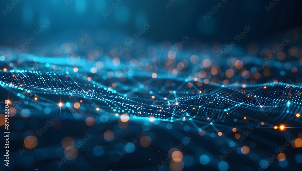 Poster abstract digital technology background with glowing connections and dots on dark blue, creating an i