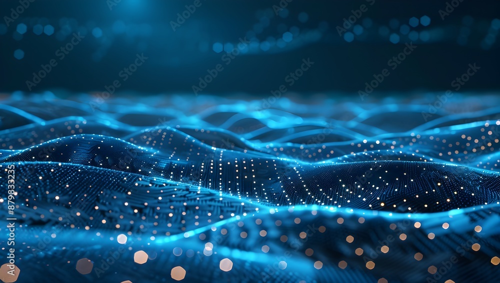 Poster abstract digital technology background with glowing connections and dots on dark blue, creating an i