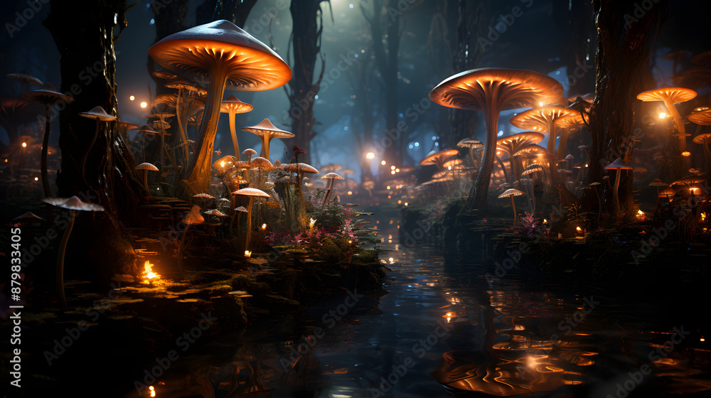Aufkleber a winding stream flows through a moonlit forest filled with glowing mushrooms and tiny glowing flowe