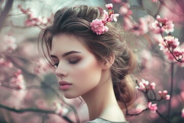 Naklejka premium A young woman with delicate features stands amidst a blooming cherry blossom tree, her eyes closed as she enjoys the springtime breeze