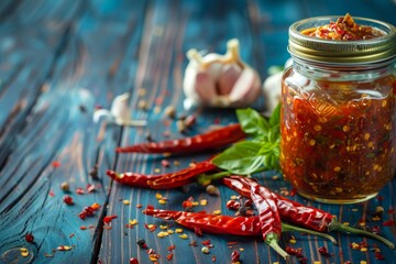 Jar of spicy chili sauce garlic peppers on blue table