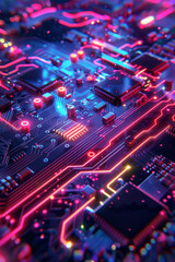 Fototapeta premium Glowing Circuit Board A highly detailed circuit board design with glowing neon elements,generative ai