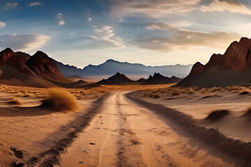 Naklejka premium A vast expanse of golden sand stretches towards majestic mountains, their peaks piercing the clear blue sky. A lone dirt road cuts through the dunes, inviting exploration of this epic desert landscape