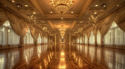 Fototapeta premium A grand ballroom with soaring ceilings and glittering chandeliers. Elegant drapery and polished hardwood floors set the stage for glamorous events and memorable celebrations.
