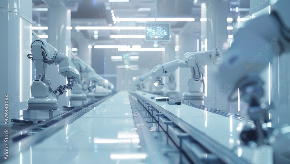 Poster advanced robotic arm in futuristic factory setting showcasing automation and technology