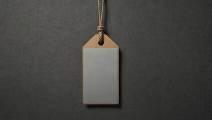 Empty layout layout on grey background. Common blank label name tag hanging on neck with thread