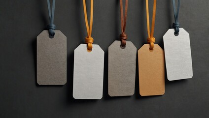 Empty layout layout on grey background. Common blank label name tag hanging on neck with thread