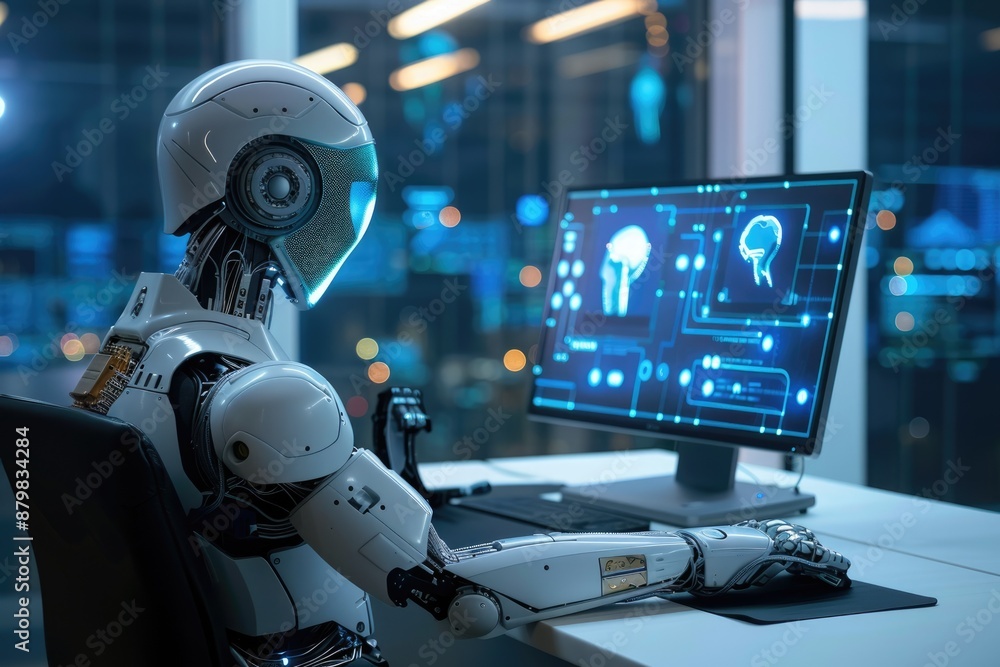 Poster man working with futuristic virtual human interface displaying holographic data in high-tech setting