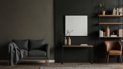 Empty Mockup frame on wood cabinet in living room interior on empty dark wall background