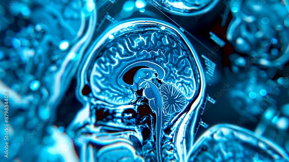 Poster close-up of a futuristic brain scan in blue tones, showcasing detailed neural structures. conceptual