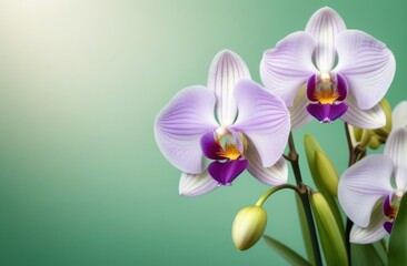Obraz premium Delicate orchids on a light green background with space for text