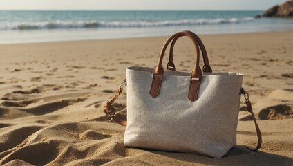 empty Mockup shopper handbag beach sand background