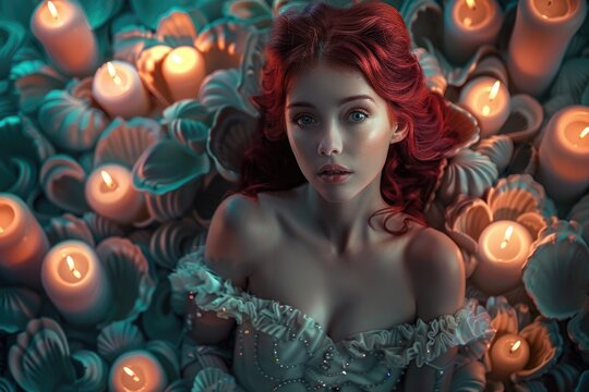 A woman with flowing red hair lies amidst a bed of glowing candles, her eyes fixed on the viewer. Her ethereal beauty and the soft light of the candles create a magical and dreamlike atmosphere