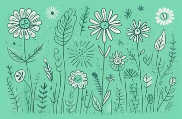 Many different flowers on a green background