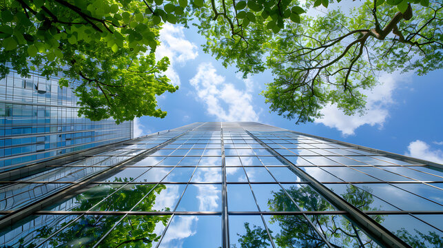 Exterior view showcasing sustainable architecture with a green building concept, glass curtain wall, and background of green trees against a clear blue sky.

