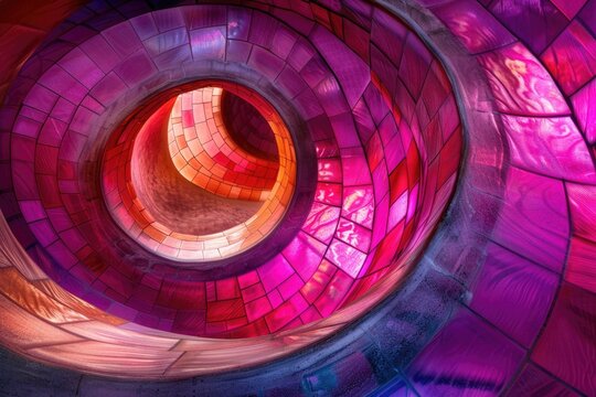 A close-up view of a winding glass staircase, illuminated from within by warm light