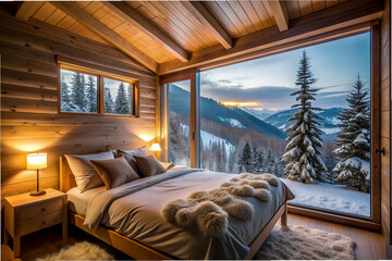 A cozy bedroom with a large bed and a window overlooking a snowy mountain. The room is lit by a warm, inviting light, creating a peaceful and relaxing atmosphere