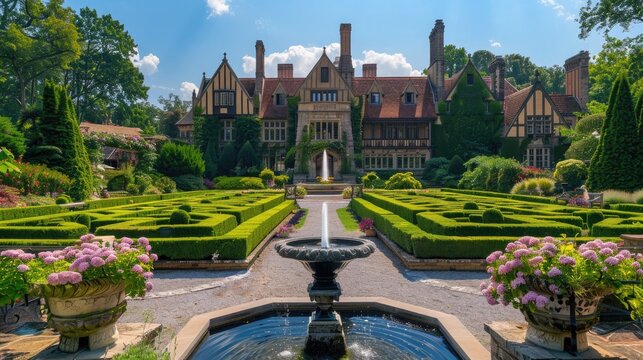 A grand English manor house with manicured gardens, a maze, and a large fountain at the entrance.