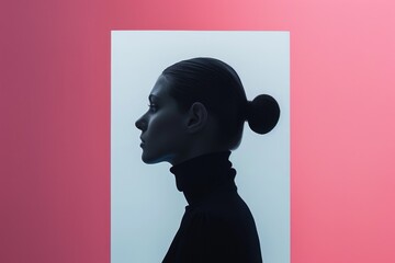 A woman's silhouette is shown in profile, with her hair pulled back in a bun, against a white and pink backdrop