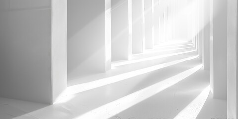 Light streams through an open corridor, illuminating the white walls and casting long shadows on the floor