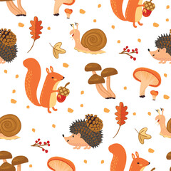 Funny seamless pattern with cute wild animals, fall leaves and mushrooms.Hedgehog with a pine cone, squirrel with an acorn and  snail.Vector design isolated on white background.Flat color illustration