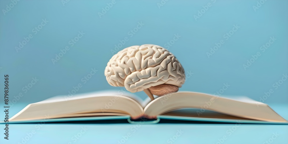 Poster exploring the concept of learning and knowledge through the human brain on open book pages. concept 