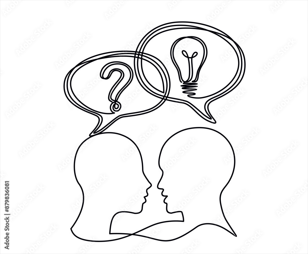 Aufkleber continuous one line drawing of human heads with light bulb and question in speech bubble. question a