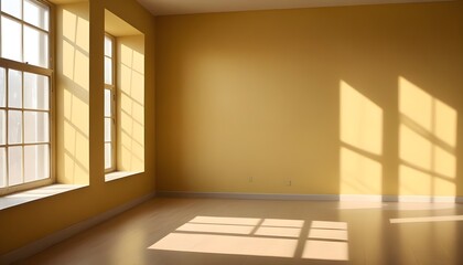 Obraz premium A yellow empty room with shadows of a window, empty wall background