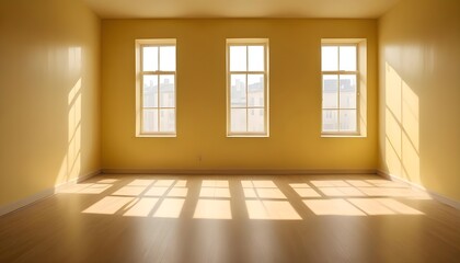 Obraz premium A yellow empty room with shadows of a window, empty wall background
