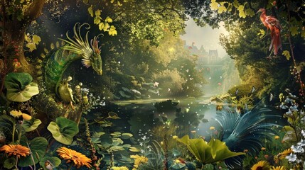 Enchanted Forest with Dragon and Bird