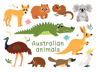Naklejka premium Cartoon australian animals. Wild exotic animal, childish mascots. Funny mammals, koala kangaroo wombat dingo dog. Classy vector characters