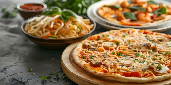 Satisfy Your Cravings with Vegan Pizza and Authentic Tonkotsu Ramen Delivery. Concept Vegan Pizza, Tonkotsu Ramen, Delivery Service, Cravings, Authentic Japanese