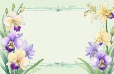 Frame of delicate orchids and lilac irises on a light green background with space for text